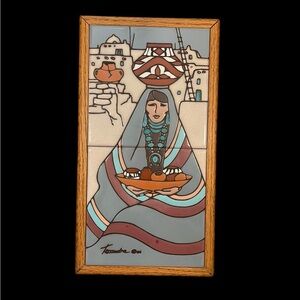 VTG Framed Cleo Teissedre Tiles Native American SW Design 1986 Hand Painted